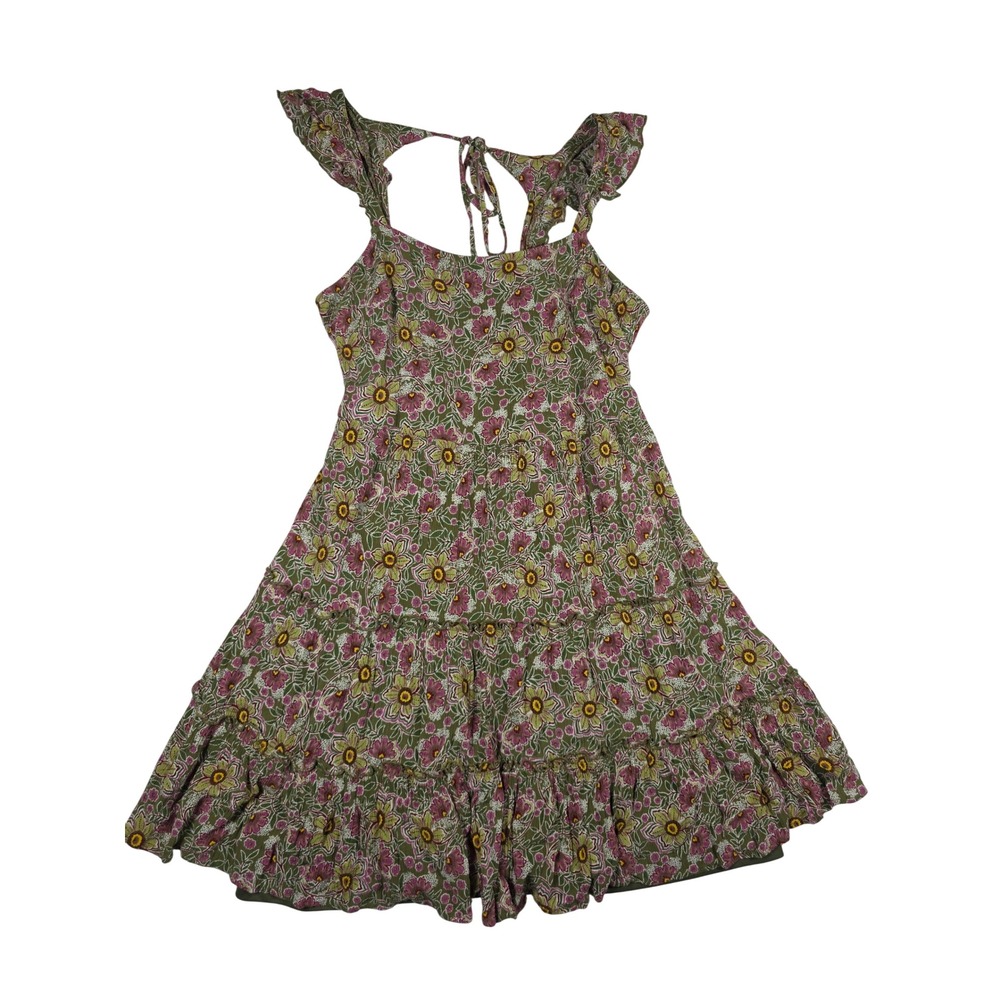 Cottagecore Midi Dress Floral Tiered Ruffle Tie Back Large Green Purple Boho